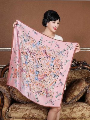 Dragonfly and Flower Printed 100% Silk Square Scarf