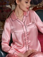 Womens Silk Pajamas Long Sleeve Loungewear Two-Piece Sleepwear PJ Set