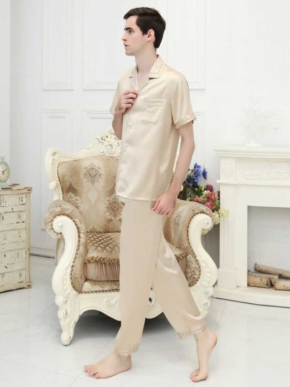Silk Pajama Set for Men Long Pant and Short Sleeve Shirt