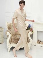 Silk Pajama Set for Men Long Pant and Short Sleeve Shirt