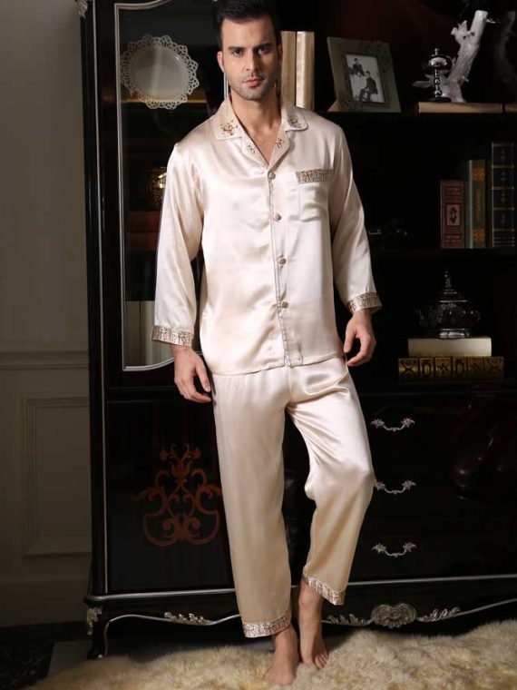 Men??s 100% Silk Pajama Set Luxury Nightwear Pajamas