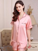 Ladies Elegant Silk Pyjama Set Summer Short Sleeve Top and Shorts Silk Loungewear