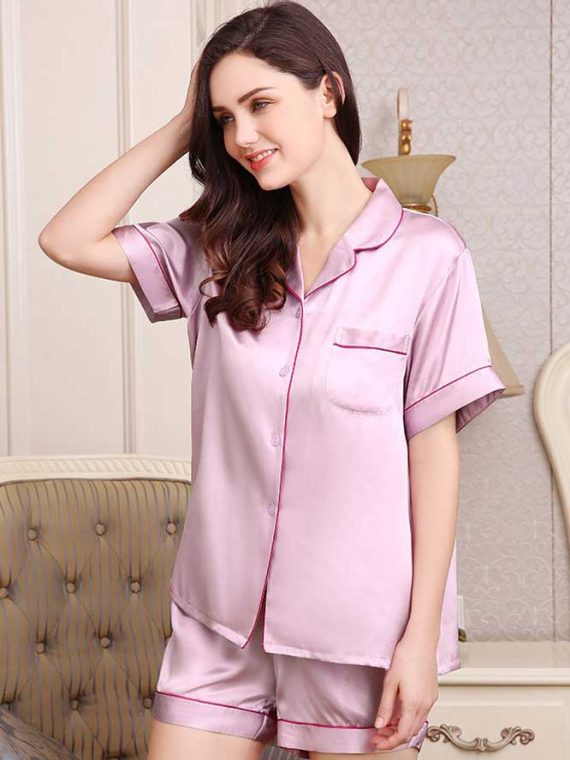 Ladies Elegant Silk Pyjama Set Summer Short Sleeve Top and Shorts Silk Loungewear