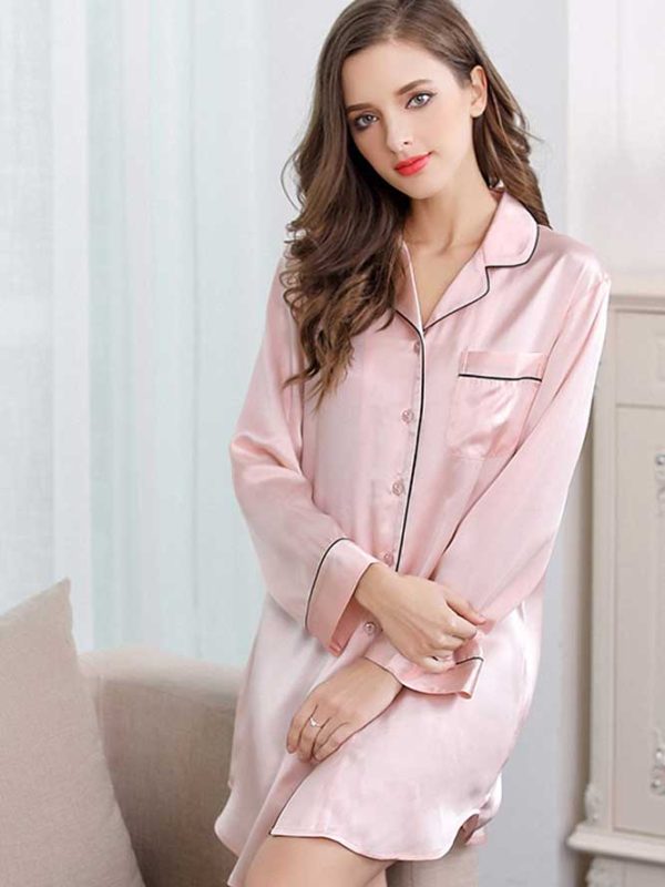 Women's Soft Silk Long Sleeve Sleepshirt Nighty Gown
