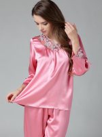 Mulberry Silk Quality Long-sleeve Embroidered Pants Silk Sleepwear Twinset