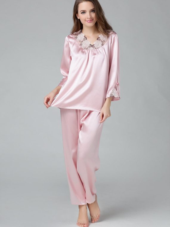 Mulberry Silk Quality Long-sleeve Embroidered Pants Silk Sleepwear Twinset