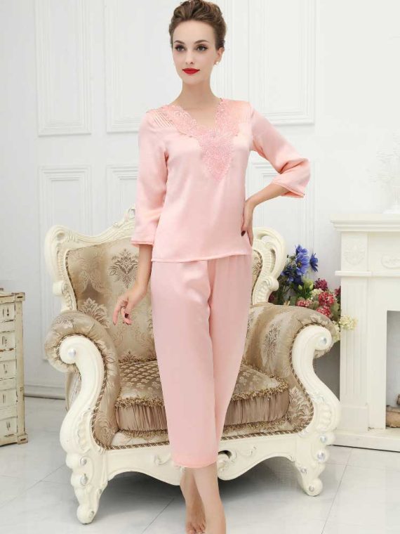 V-Neck Silk Pajamas Set for Ladies