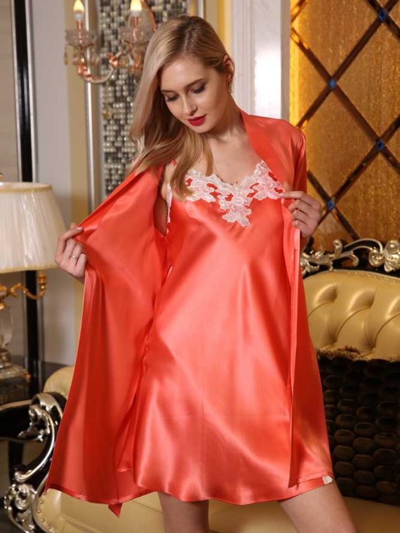 Silk Nightgown with Robe Short Sleeve Night Gown Two Piece Suit Short Slip