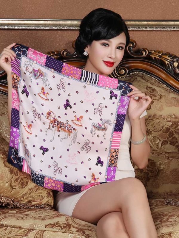 Elegant Luxury Small Square Silk Scarf Shawl Horse Carousel Stars 1 Elegant Luxury Small Square Silk Scarf Shawl Horse Carousel Stars