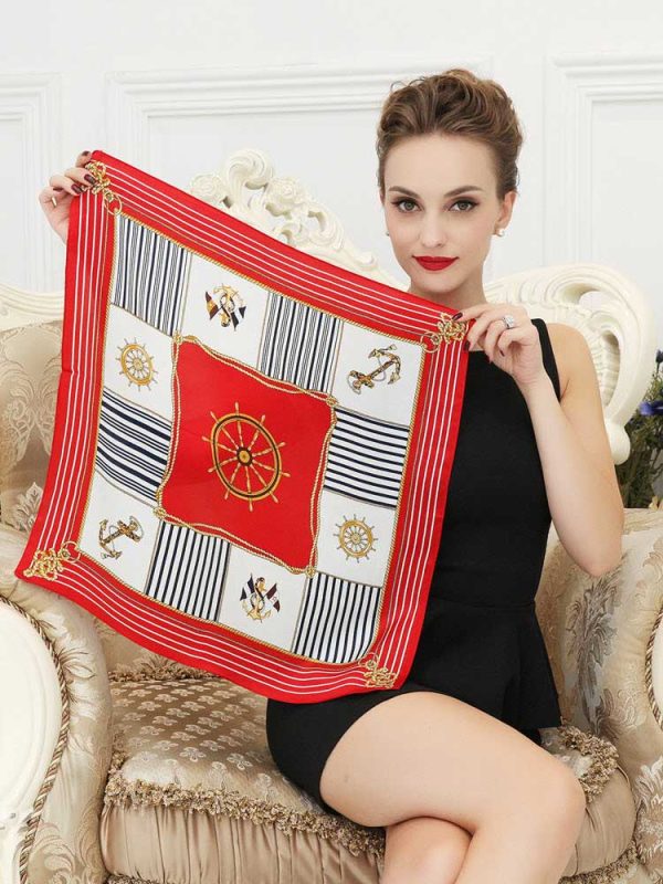 Pure Natural Silk Nautical Stripe W/ Anchor Helm Small Square Scarf Red