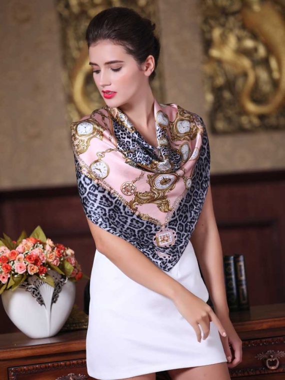 Square Scarf Pure Silk Watches & Leopard Pattern Women Fashion Stole Shoulder Wrap