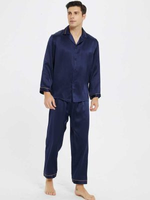 Men's Silk Sleepwear Pajamas Set Button-Down Long Loungewear