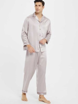 Men's Silk Sleepwear Pajamas Set Button-Down Long Loungewear-thumbnail