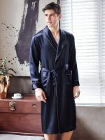 Navy Blue Men Silk Long Robe, Silk Bath Robe