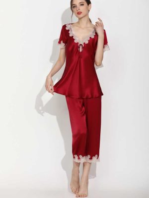 Women's Soft Silk Loungewear Pjs Set with Lace Trim