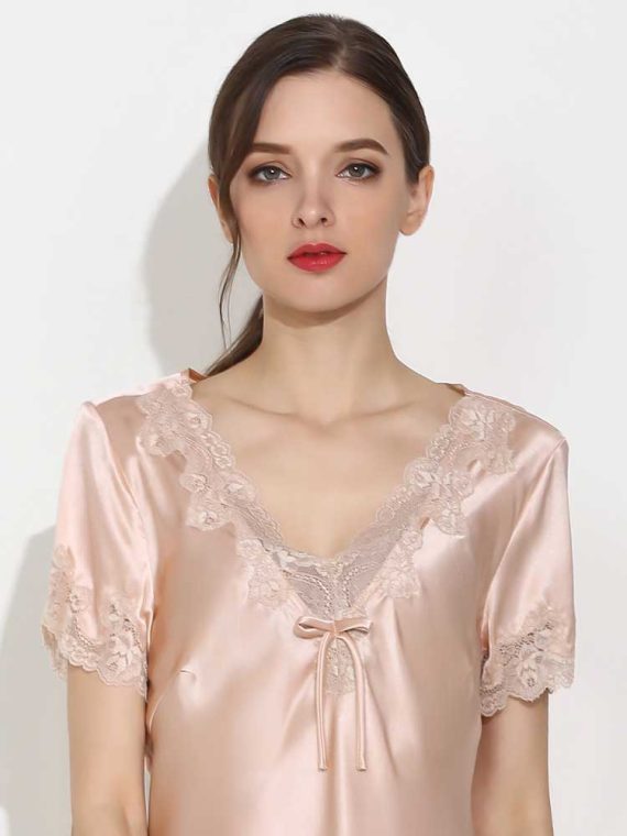 Women's Soft Silk Loungewear Pjs Set with Lace Trim