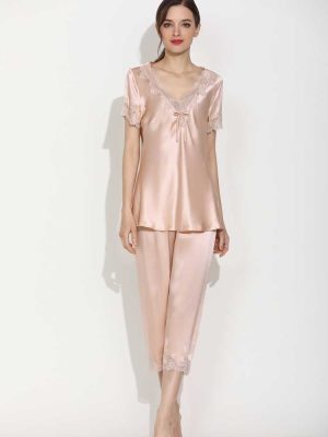 Women's Soft Silk Loungewear Pjs Set with Lace Trim-thumbnail