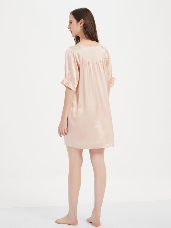 Women's Natural Silk Nightgown Sleepwear Short Sleeves Shirt Sleepdress