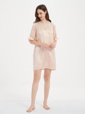 Women's Natural Silk Nightgown Sleepwear Short Sleeves Shirt Sleepdress-thumbnail