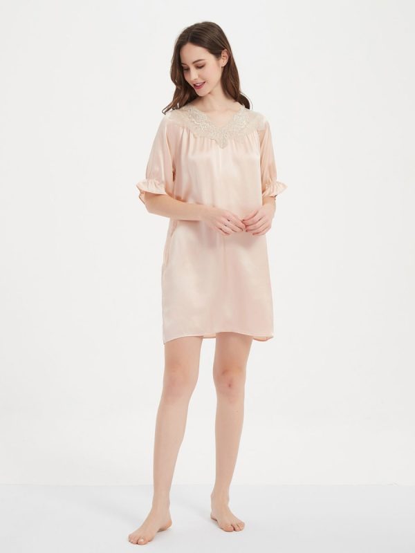 Women's Natural Silk Nightgown Sleepwear Short Sleeves Shirt Sleepdress