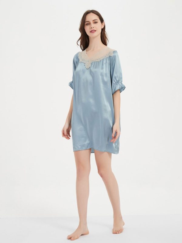Women's Natural Silk Nightgown Sleepwear Short Sleeves Shirt Sleepdress