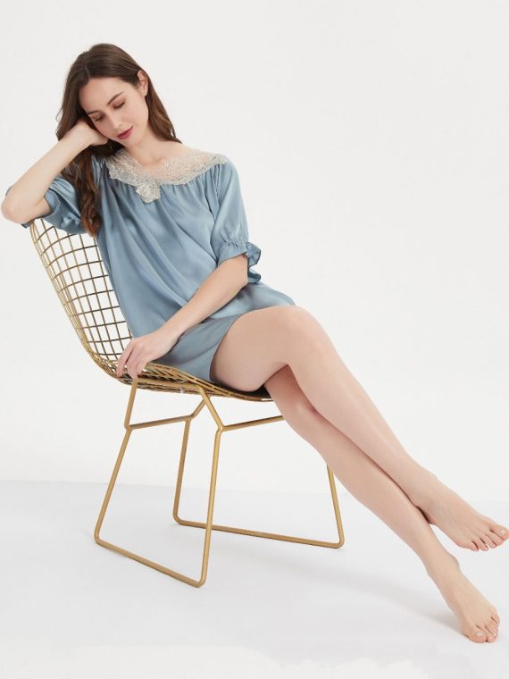 Women's Natural Silk Nightgown Sleepwear Short Sleeves Shirt Sleepdress