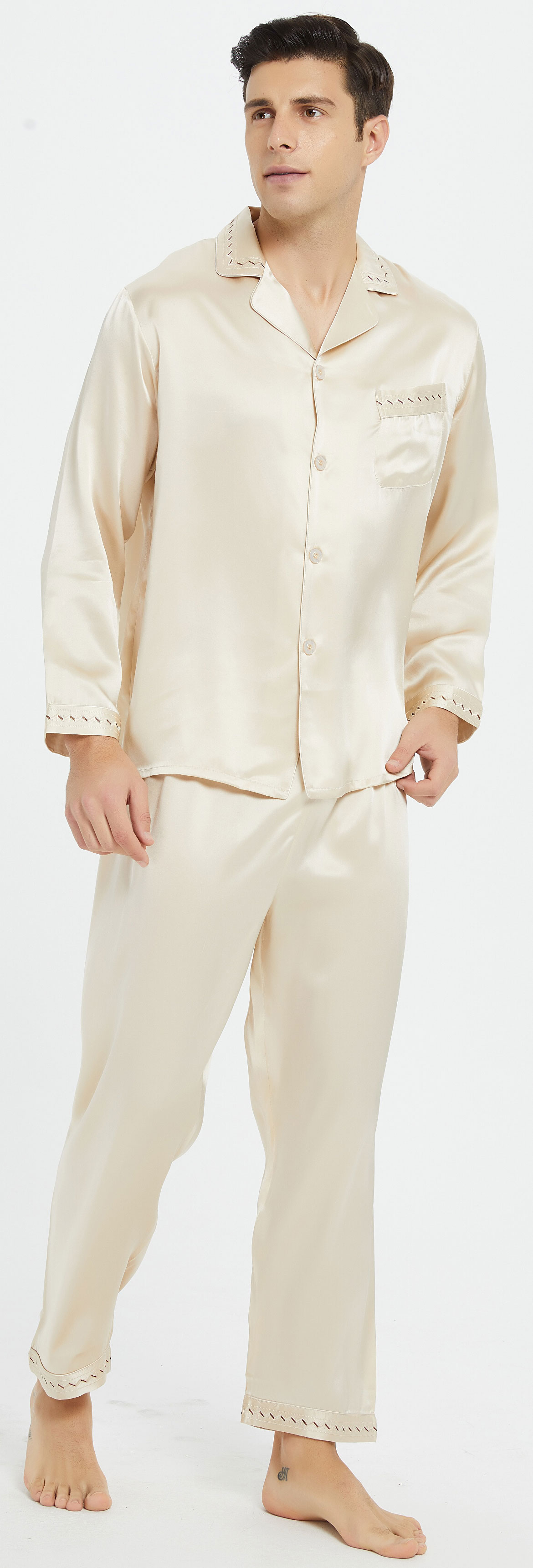 Men long Sleeve Pajamas, Button-Down Long Loungewear, Silk Pajamas 